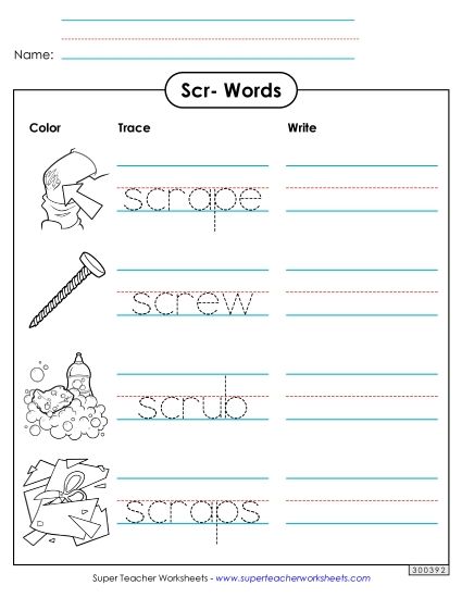 Worksheets - Trace and Write (Scr- Words) (Printable PDF Worksheet)