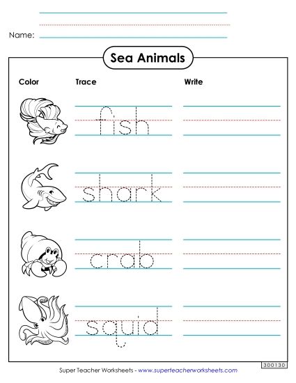 Worksheets & Activities - Trace and Write: Sea Animals (Printable PDF Worksheet)
