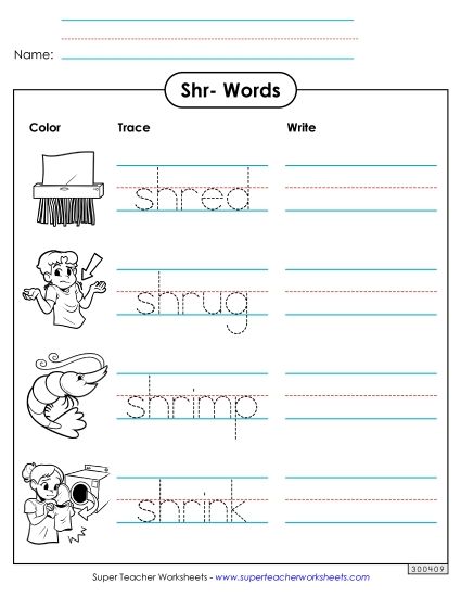Worksheets - Trace and Write (Shr- Words) (Printable PDF Worksheet)