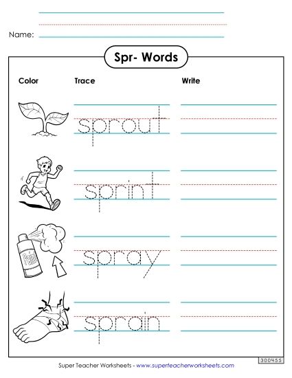 Worksheets - Trace and Write (Spr- Words) (Printable PDF Worksheet)