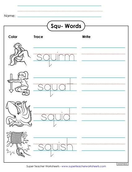 Worksheets - Trace and Write (Squ- Words) (Printable PDF Worksheet)