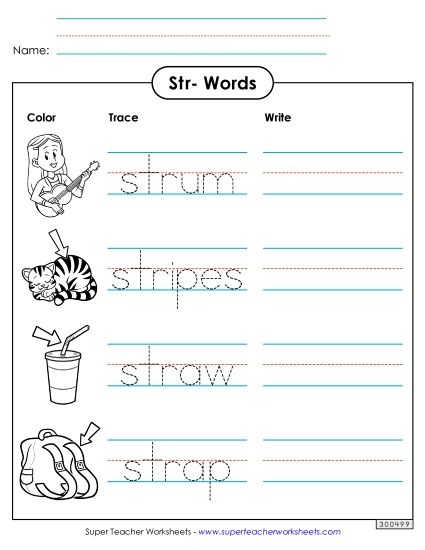 Worksheets - Trace and Write (Str- Words) (Printable PDF Worksheet)