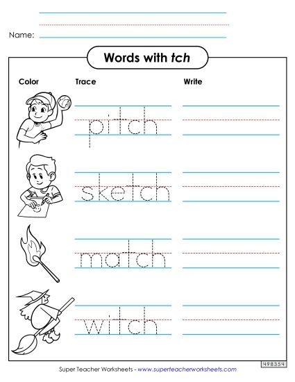 Worksheets - Trace and Write (-tch Words) (Printable PDF Worksheet)