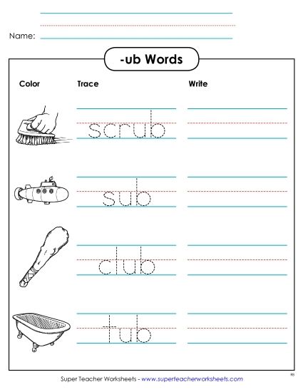 Worksheets - Trace and Write (-ub) (Printable PDF Worksheet)