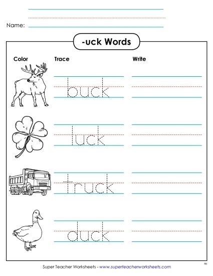 Worksheets - Trace and Write (-uck) (Printable PDF Worksheet)