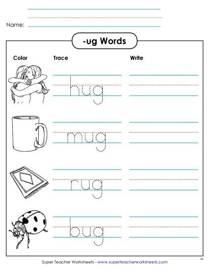 Worksheets - Trace and Write (-ug) (Printable PDF Worksheet)