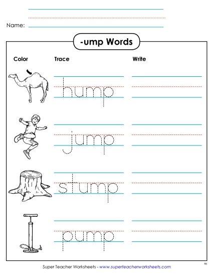 Worksheets - Trace and Write (-ump) (Printable PDF Worksheet)