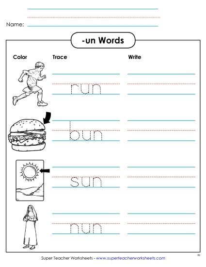 Worksheets - Trace and Write (-un) (Printable PDF Worksheet)