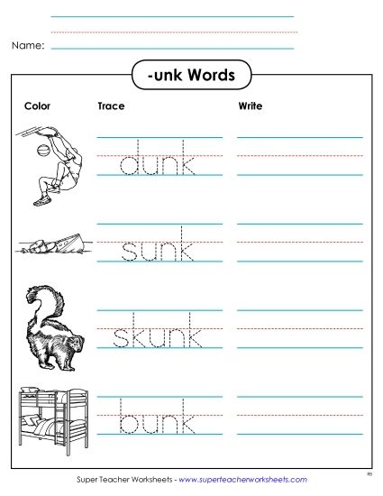 Worksheets - Trace and Write (-unk) (Printable PDF Worksheet)