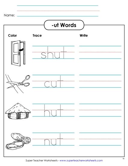 Worksheets - Trace and Write (-ut) (Printable PDF Worksheet)