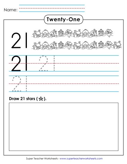 Number Twenty-One - Trace, Print, Draw: 21 (Printable PDF Worksheet)