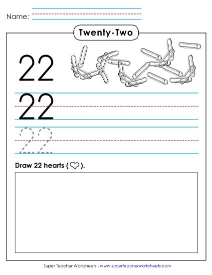 Number Twenty-Two - Trace, Print, Draw: 22 (Printable PDF Worksheet)