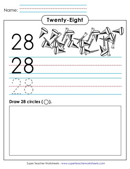 Twenty-Eight - Trace, Print, Draw: 28 (Printable PDF Worksheet)