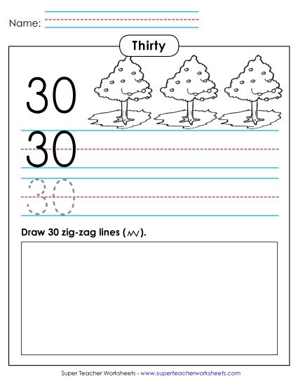 Thirty - Trace, Print, Draw: 30 (Printable PDF Worksheet)
