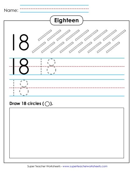 Number Eighteen - Trace, Print, Draw: Eighteen (Printable PDF Worksheet)