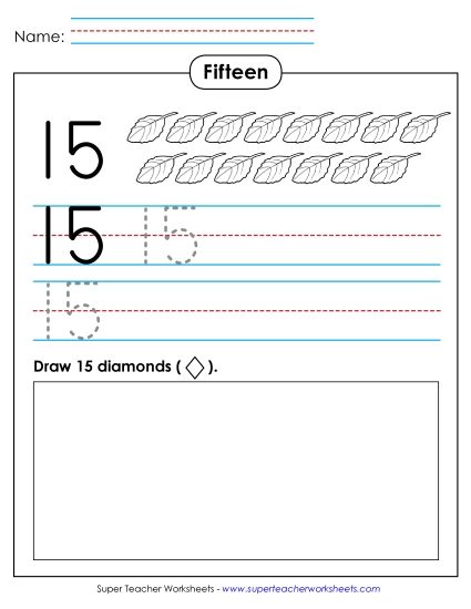 Number Fifteen - Trace, Print, Draw: Fifteen (Printable PDF Worksheet)