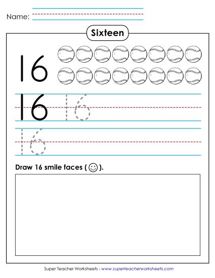 Number Sixteen - Trace, Print, Draw: Sixteen (Printable PDF Worksheet)
