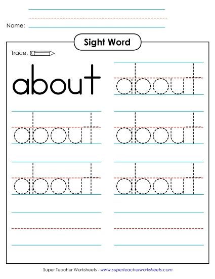 Trace the Word: About (Printable PDF Worksheet)