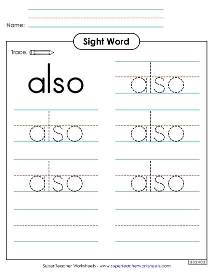 Trace the Word: Also (Printable PDF Worksheet)
