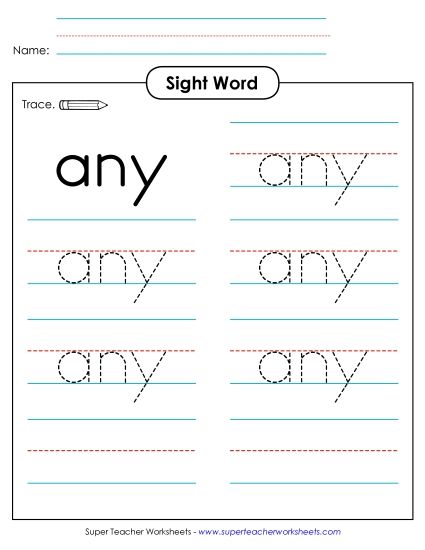 Trace the Word: Any (Printable PDF Worksheet)