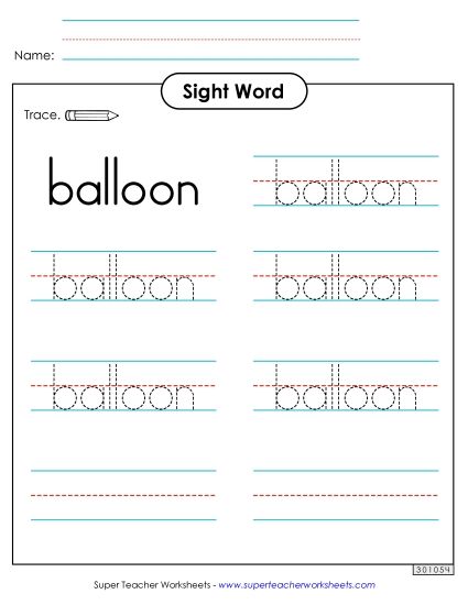 Trace the Word: Balloon (Printable PDF Worksheet)