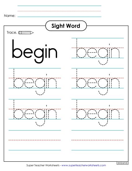 Trace the Word: Begin (Printable PDF Worksheet)