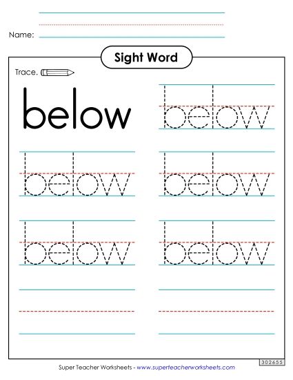 Trace the Word: Below (Printable PDF Worksheet)