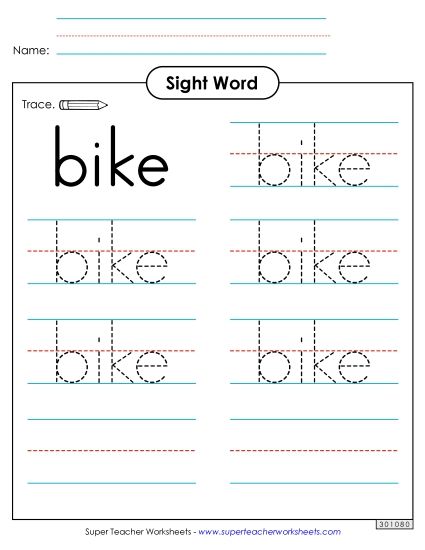 Trace the Word: Bike (Printable PDF Worksheet)