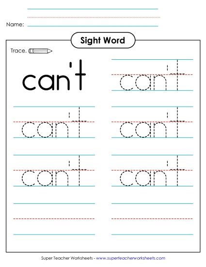 Trace the Word: Can't (Printable PDF Worksheet)