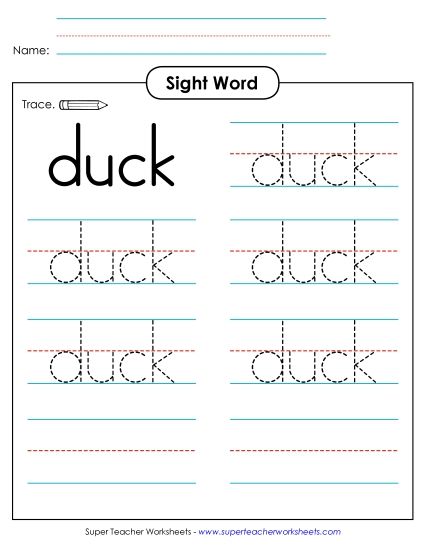 Trace the Word: Duck (Printable PDF Worksheet)