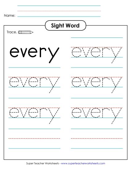 Trace the Word: Every (Printable PDF Worksheet)
