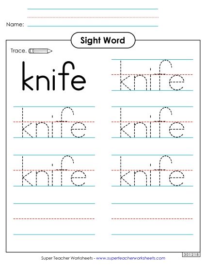 Trace the Word: Knife (Printable PDF Worksheet)
