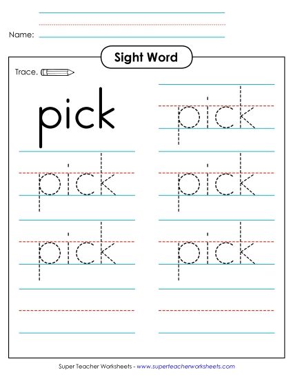 Trace the Word: Pick (Printable PDF Worksheet)
