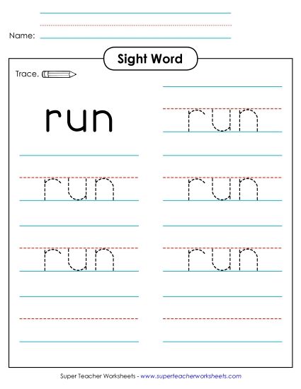 Trace the Word: Run (Printable PDF Worksheet)