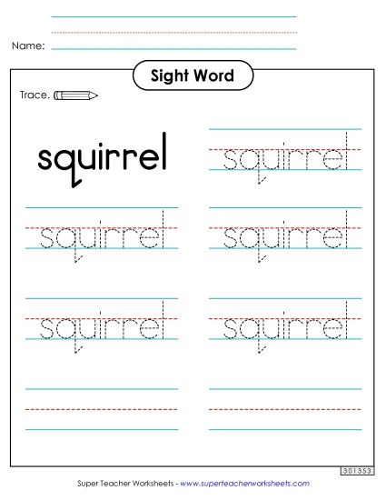 Trace the Word: Squirrel (Printable PDF Worksheet)