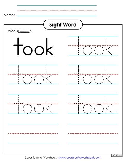 Trace the Word: Took (Printable PDF Worksheet)