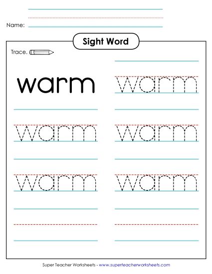 Trace the Word: Warm (Printable PDF Worksheet)