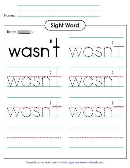 Trace the Word: Wasn't (Printable PDF Worksheet)