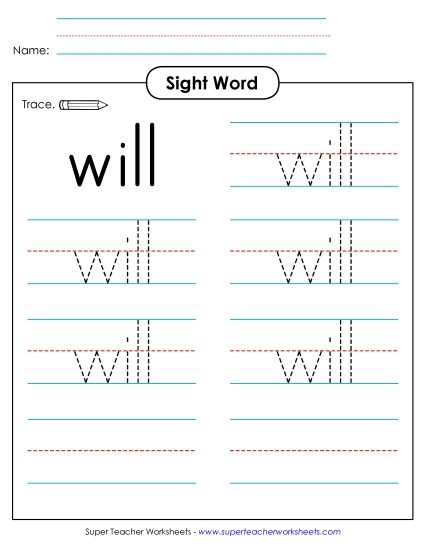 Trace the Word: Will (Printable PDF Worksheet)