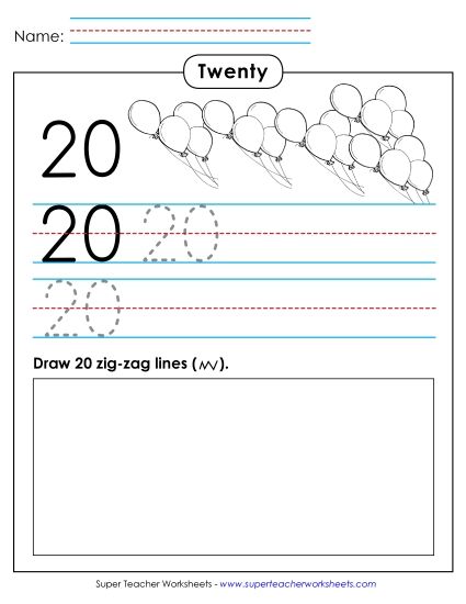 Number Twenty - Trace, Write, Draw: Twenty (Printable PDF Worksheet)