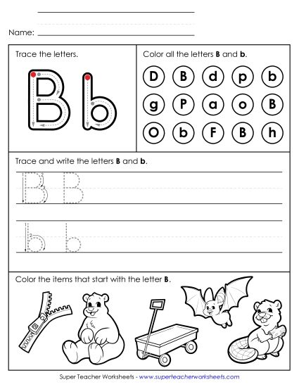 Letter B: Mixed Skills - Tracing, Writing, and Recognizing Letter B (Printable PDF Worksheet)