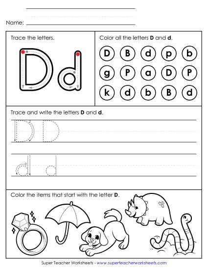 Letter D: Mixed Skills - Tracing, Writing, and Recognizing Letter D (Printable PDF Worksheet)