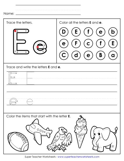 Letter E: Mixed Skills - Tracing, Writing, and Recognizing Letter E (Printable PDF Worksheet)
