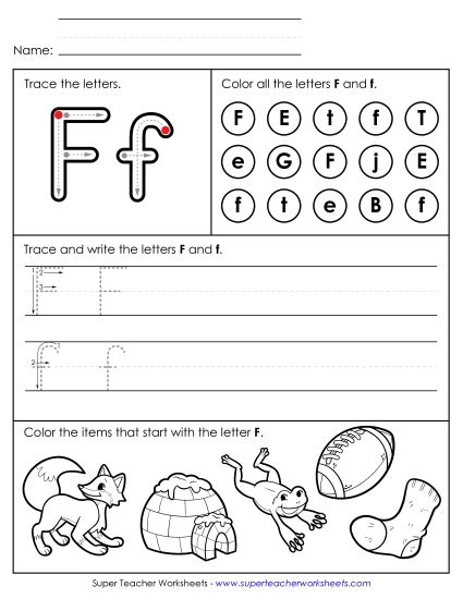 Letter F: Mixed Skills - Tracing, Writing, and Recognizing Letter F (Printable PDF Worksheet)
