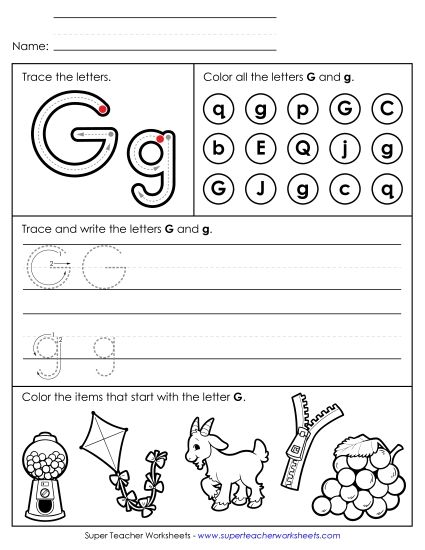 Letter G: Mixed Skills - Tracing, Writing, and Recognizing Letter G (Printable PDF Worksheet)
