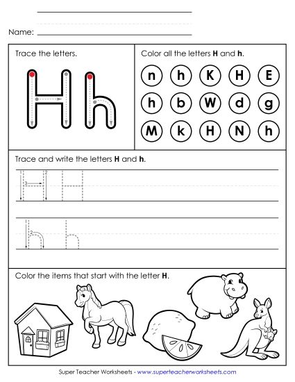 Letter H: Mixed Skills - Tracing, Writing, and Recognizing Letter H (Printable PDF Worksheet)