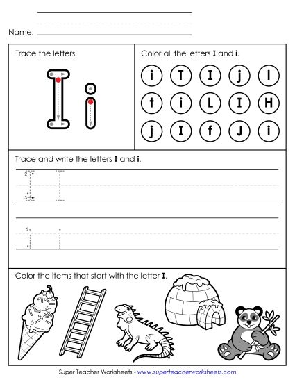 Letter I: Mixed Skills - Tracing, Writing, and Recognizing Letter I (Printable PDF Worksheet)