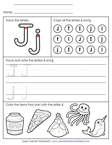 Letter J: Mixed Skills - Tracing, Writing, and Recognizing Letter J (Printable PDF Worksheet)