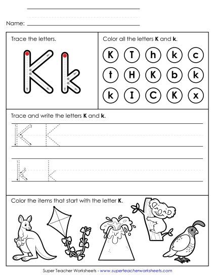 Letter K: Mixed Skills - Tracing, Writing, and Recognizing Letter K (Printable PDF Worksheet)