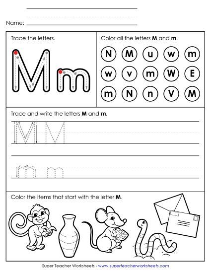 Letter M: Mixed Skills - Tracing, Writing, and Recognizing Letter M (Printable PDF Worksheet)